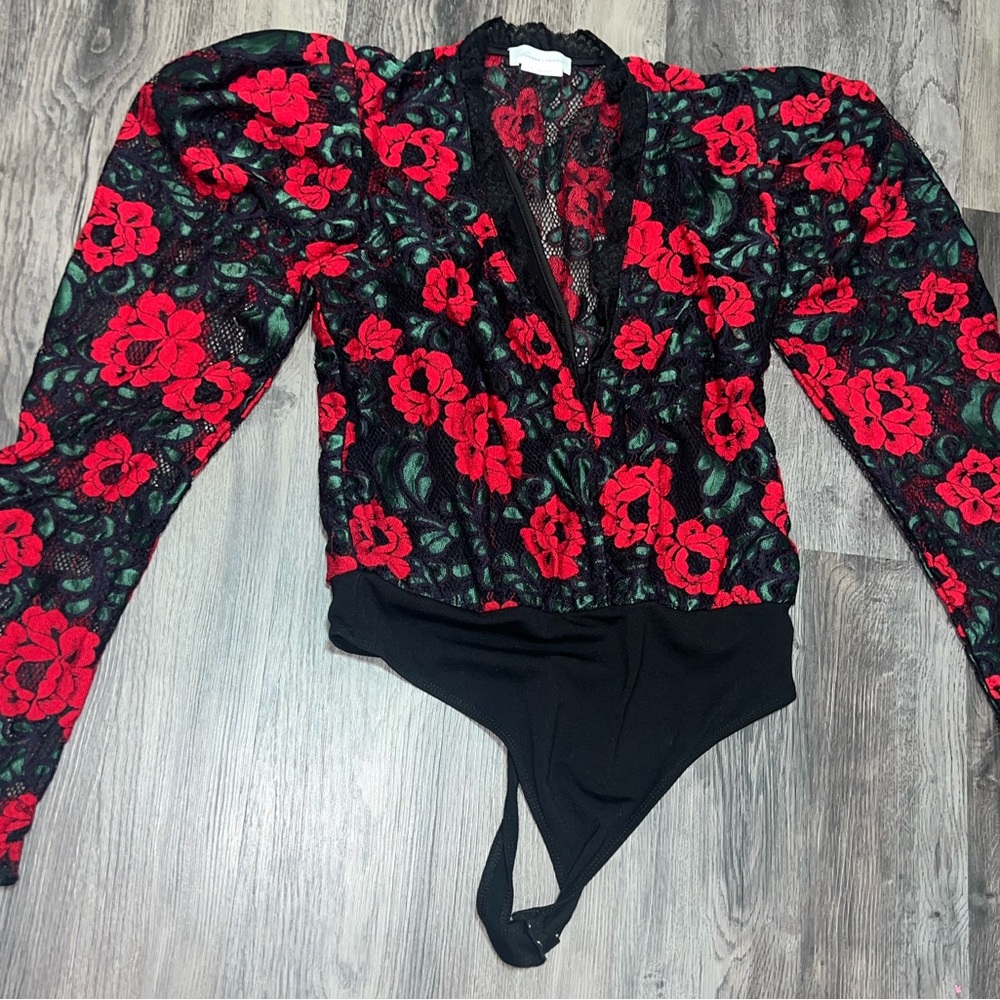 Lovers + Friends Black and Red Wrap Fitted Bodysuit